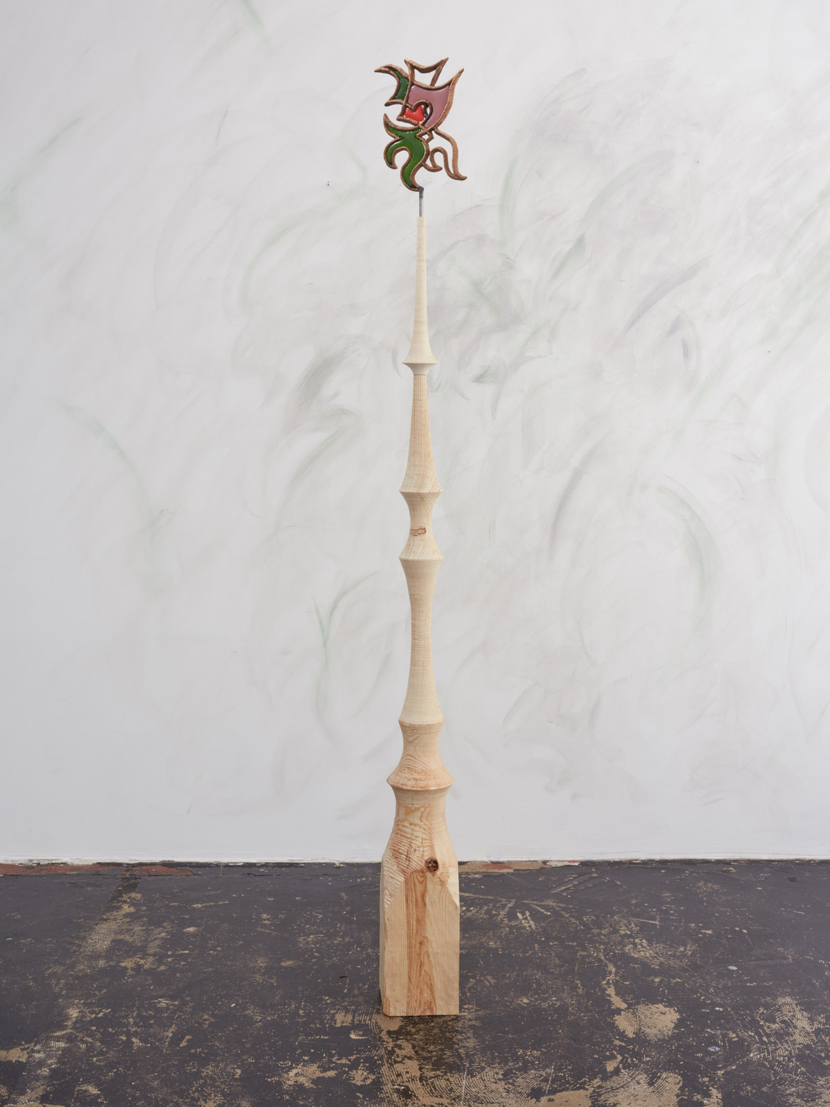 Emelie Sandström, Beast, 2016, Pinewood, bronze, glass, 74 x 7 x 6 in, 187 x 17 x 15 cm