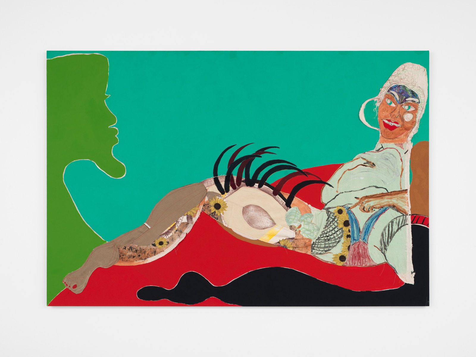 Tschabalala Self, Thigh, 2016 Painted canvas, fabric, oil, acrylic, and flashe on canvas 48 x 72 inches