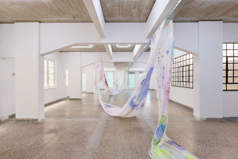 Amalia Vekri and Dardan Zhegrova, Untitled, 2026, acrylic, watercolour, ink, coffee, marker pen on fabric, 25 m × 150 cm